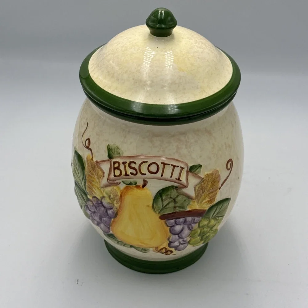 Nonnis Biscotti Cookie Jar Canister Vintage Apple Pear Grape Ceramic Lid 9in